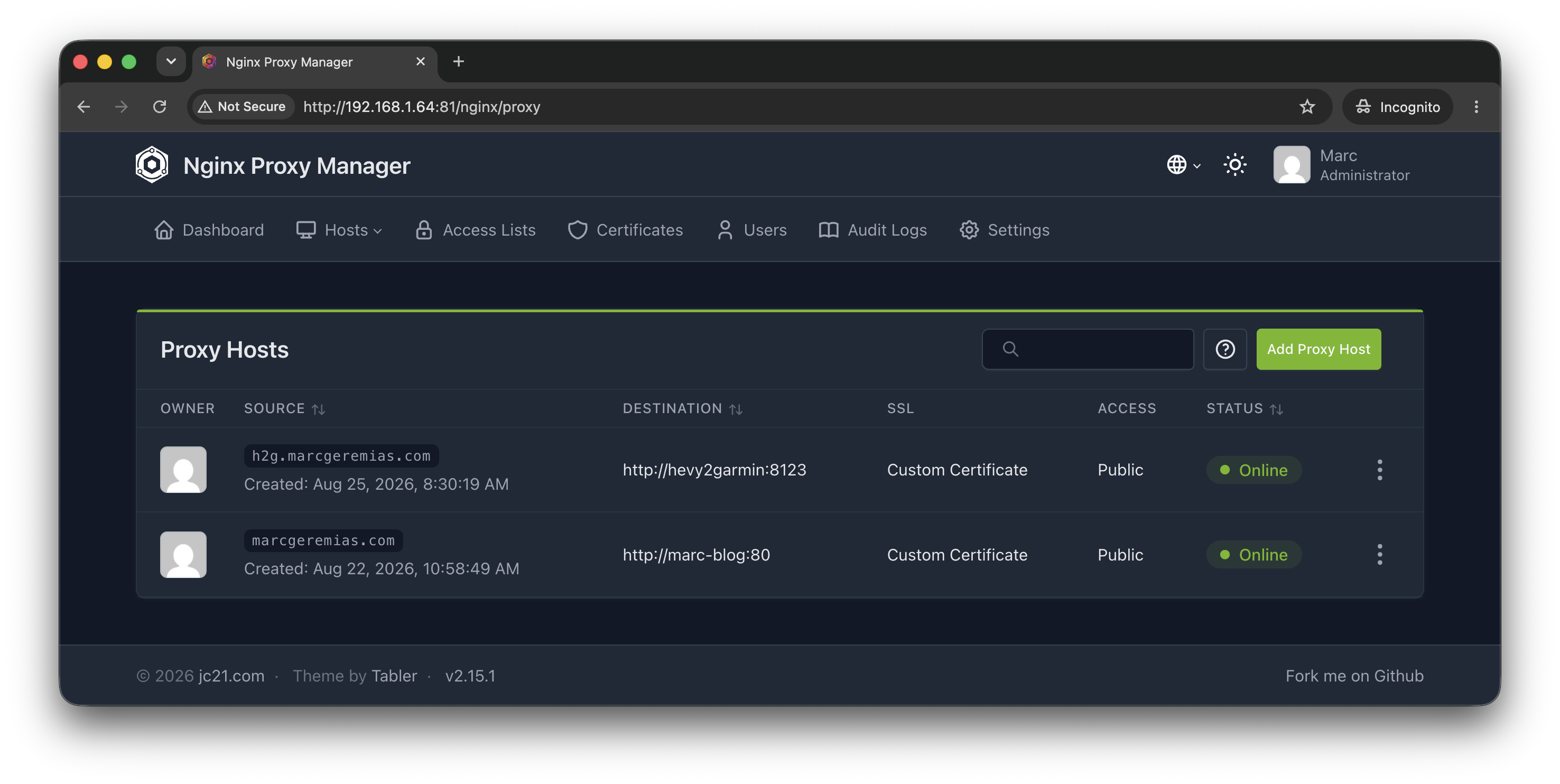 Nginx Proxy Manager Configuration